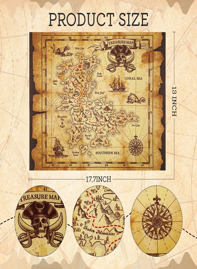 Tegeme 4 Pieces Pirate Treasure Map Adventure Vintage Treasure Map for Pirate Party Supplies, Halloween Party Supplies Accessory Home Decor, 17.7 x 13 Inch - Image 2